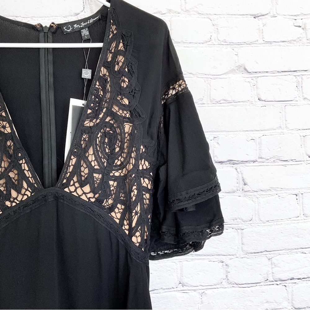 New For Love & Lemons Carmine Black Dress Plunging V Neck Lace Short Size Large - Picture 4 of 9